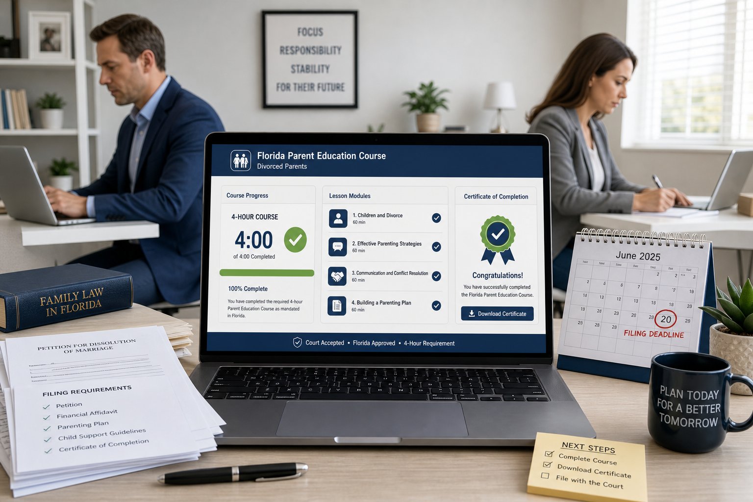 How Long Is the Florida Parenting Class for Divorce? 1 Online Florida parenting class dashboard showing a 4-hour course and certificate.