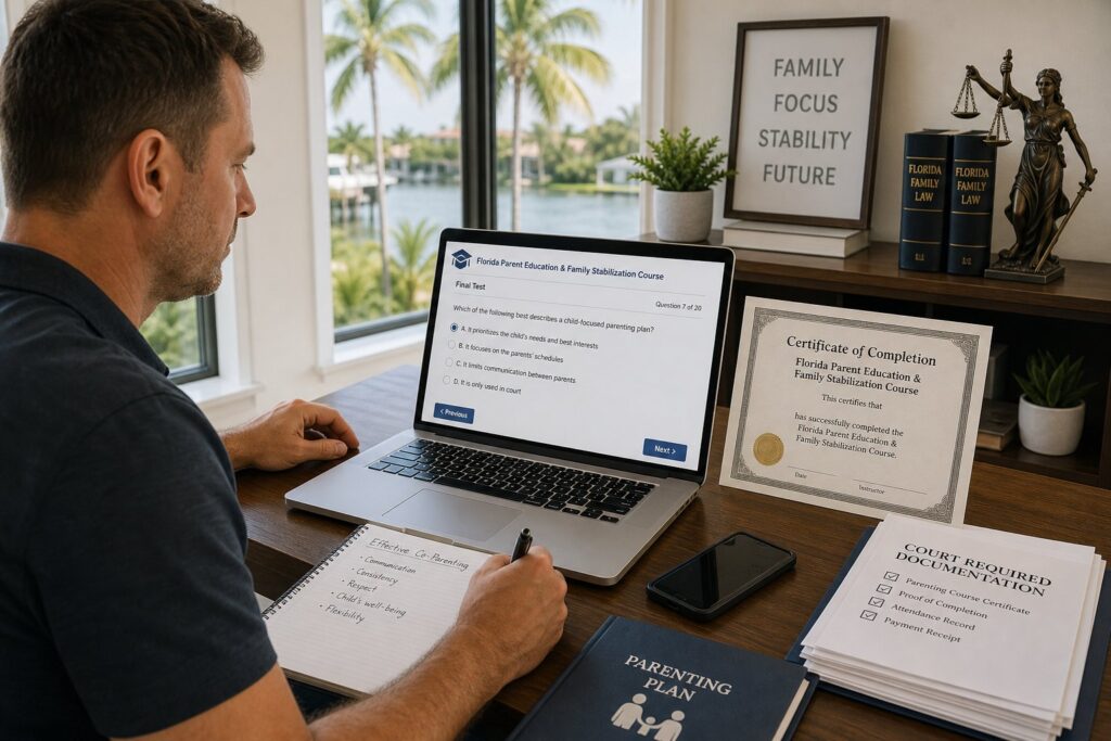 Blog Articles 6 Parents reviewing a Florida parenting course with a legal professional.