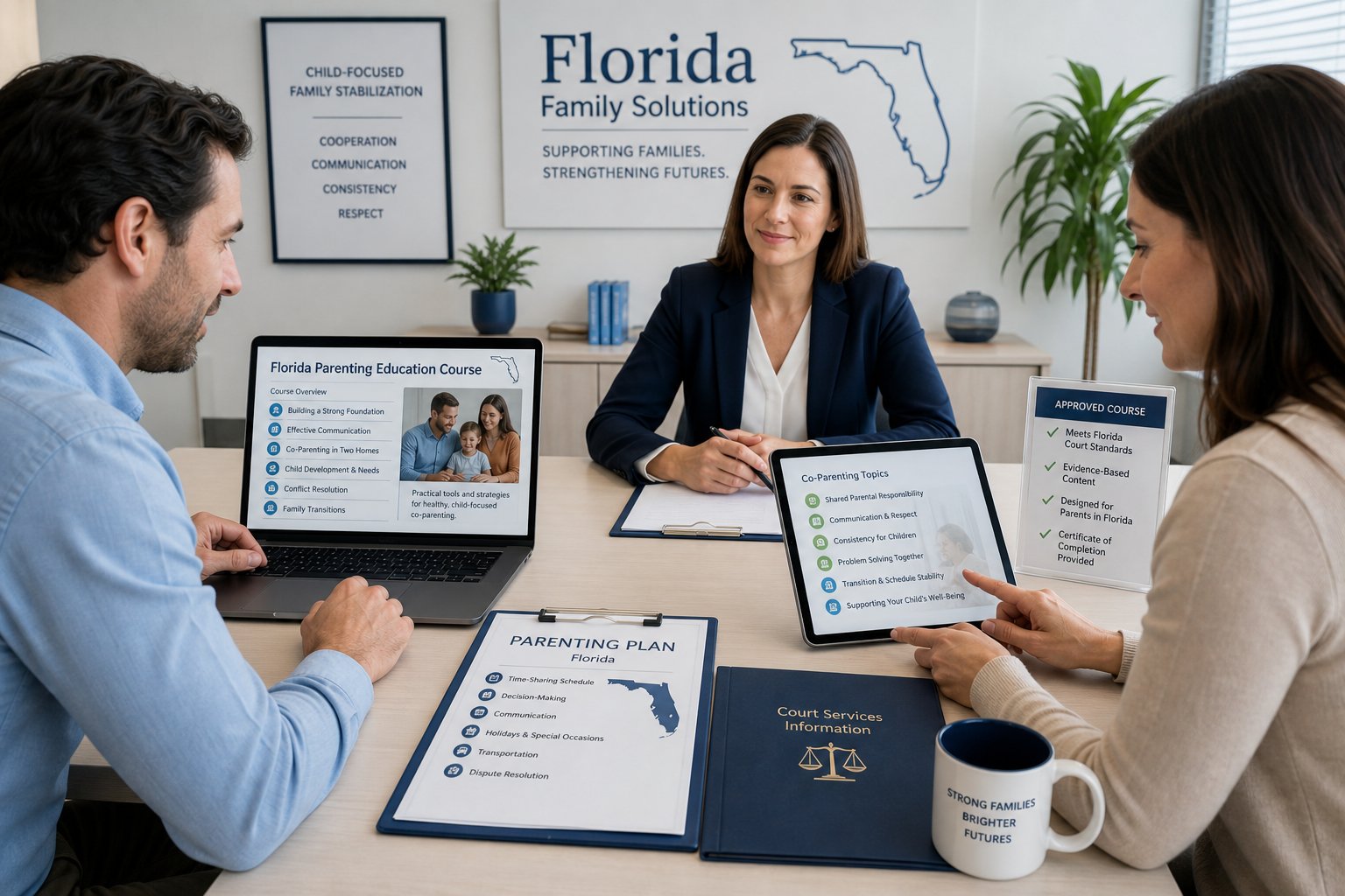 How Many Questions Are on the Florida Parenting Course Final Exam? 1 Parents reviewing a Florida parenting course with a legal professional.