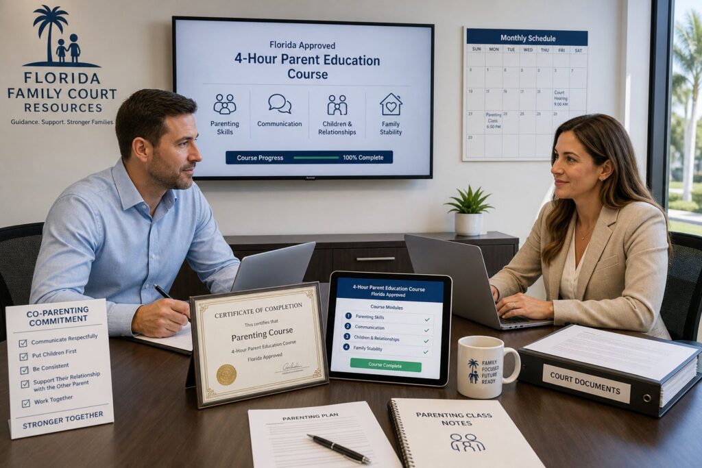 Blog Articles 5 Parents reviewing a court-approved parenting class plan with a professional.