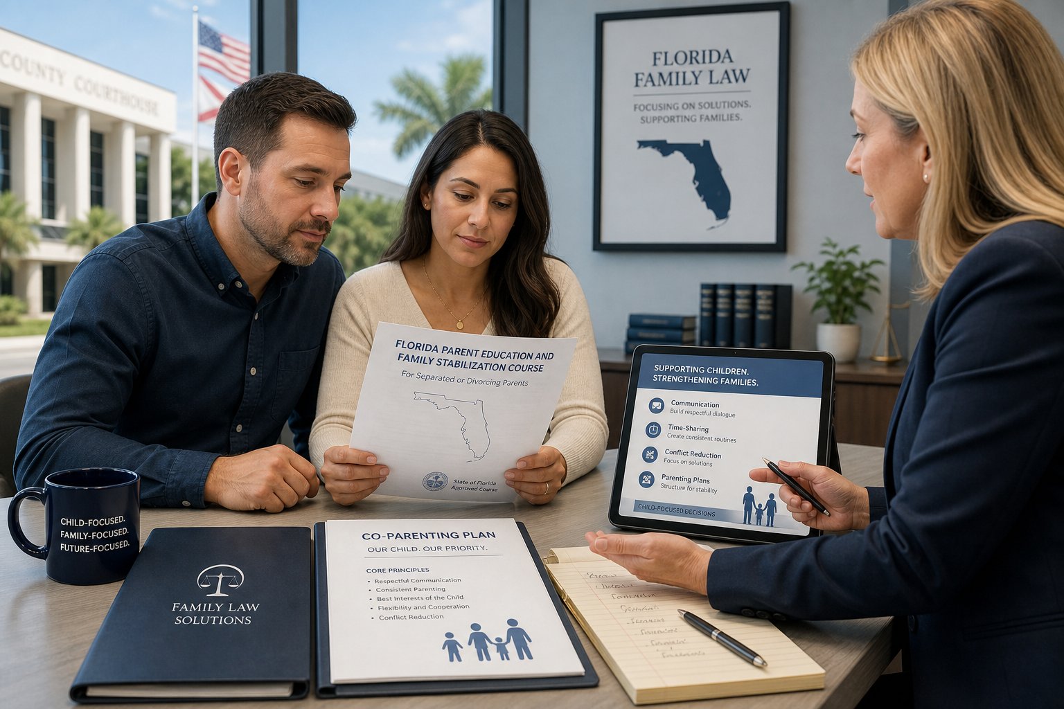 How Much Does a Florida Parenting Class Cost? 1 Parents reviewing a court-approved parenting class plan with a professional.