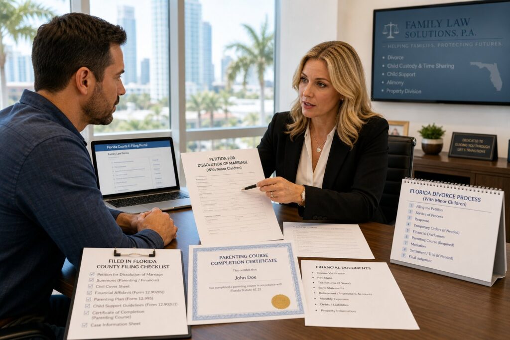 Blog Articles 4 Professional reviewing Florida divorce forms and residency documents at a desk.