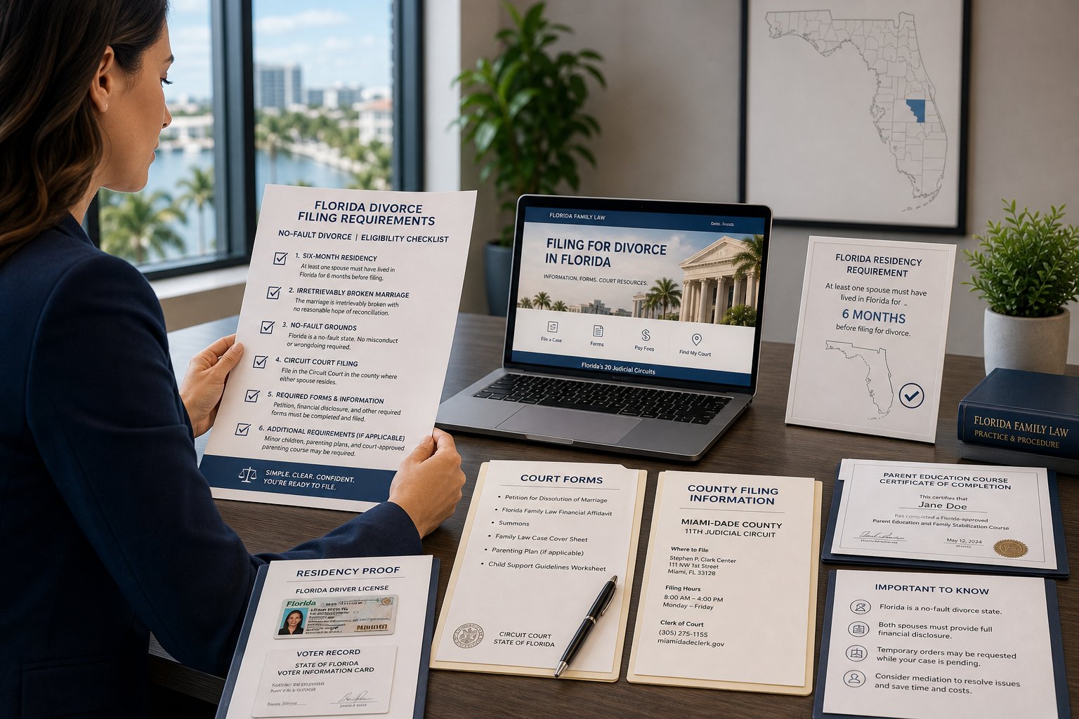 How to File for Divorce in Florida With Minor Children: The Parent Course Step 1 Professional reviewing Florida divorce forms and residency documents at a desk.