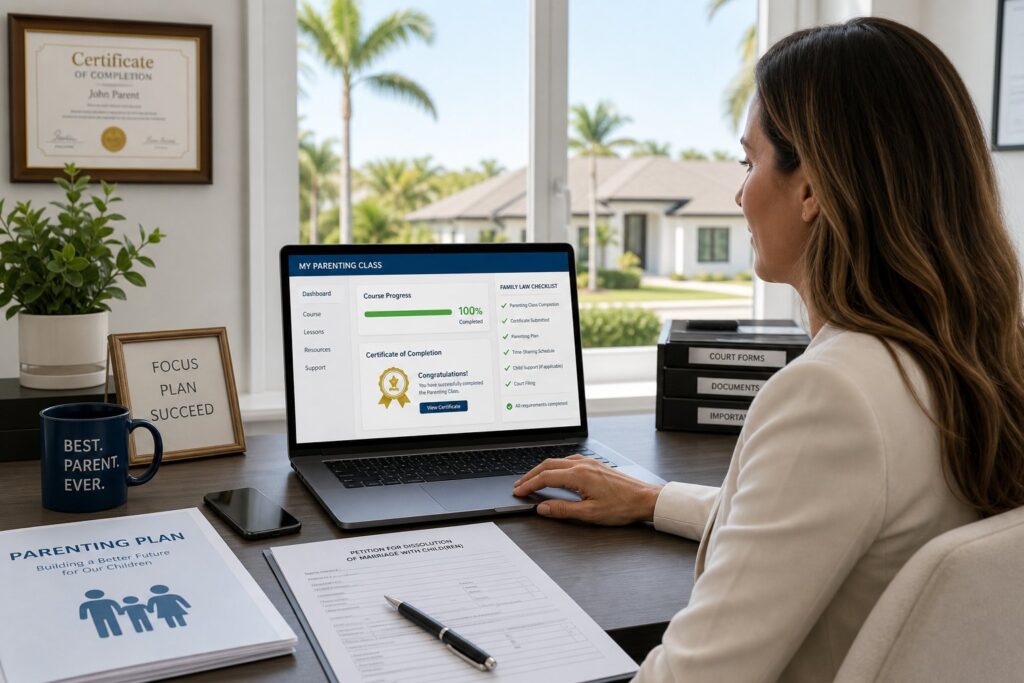 Blog Articles 3 Parents reviewing Florida online parenting class requirements on separate laptops.