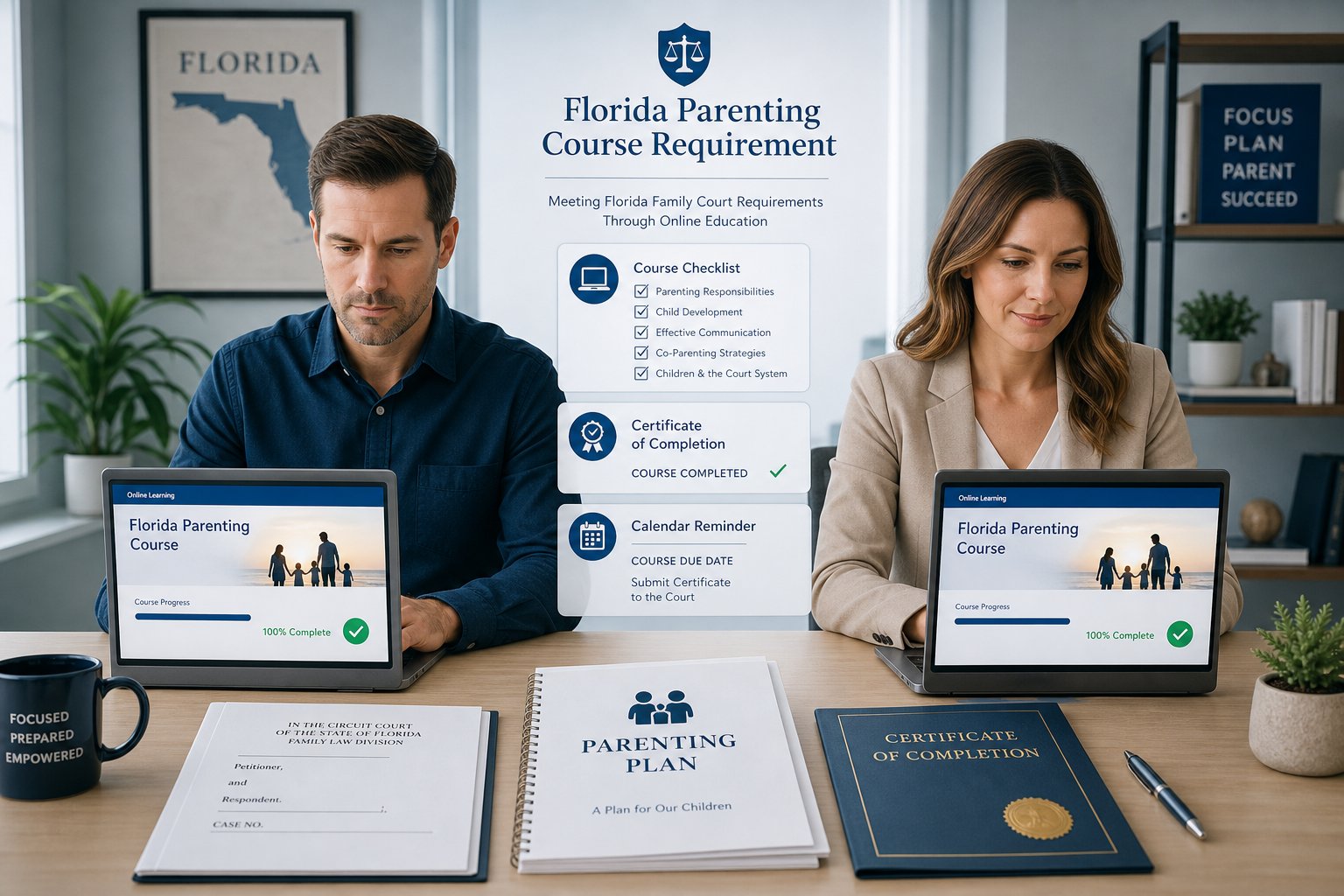 How to Finish a Florida Parenting Class Quickly Without Missing Requirements 1 Parents reviewing Florida online parenting class requirements on separate laptops.
