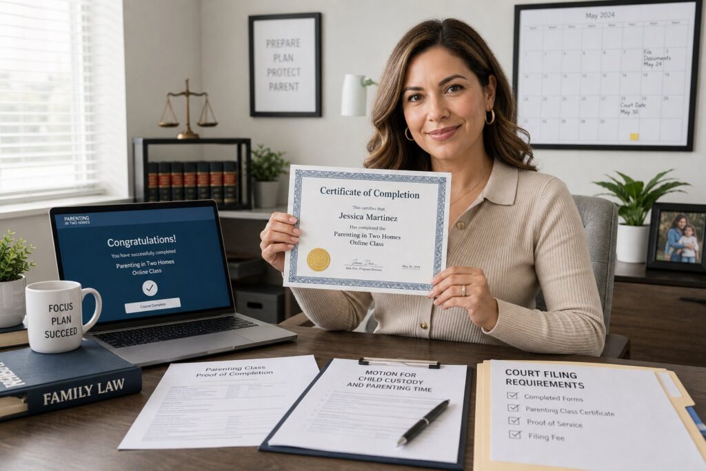 Blog Articles 2 Parent reviewing a parenting class certificate for Florida court filing.