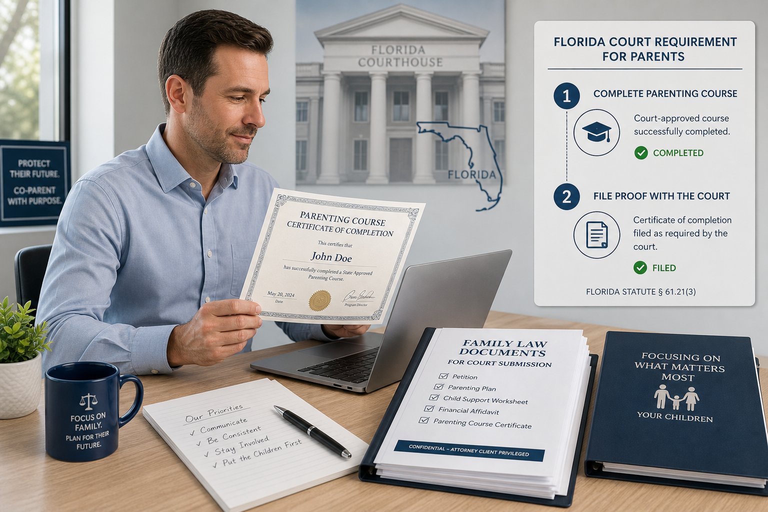 How to Get Your Florida Parenting Class Certificate 1 Parent reviewing a parenting class certificate for Florida court filing.