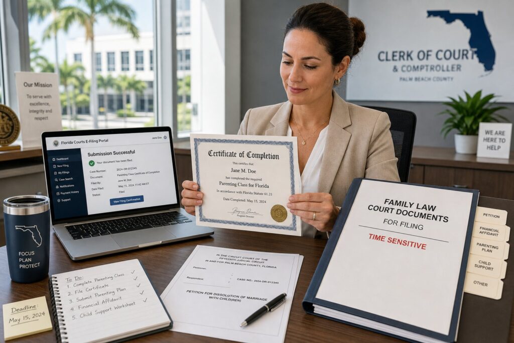 Blog Articles 1 Parent reviewing a parenting class completion certificate in a court office.