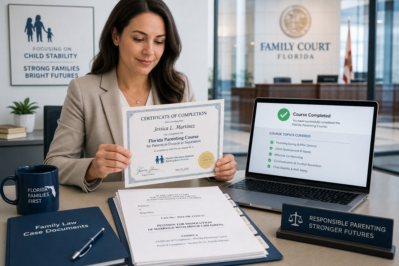 How to Submit Your Parenting Class Certificate to a Florida Court 1 Parent reviewing a parenting class completion certificate in a court office.