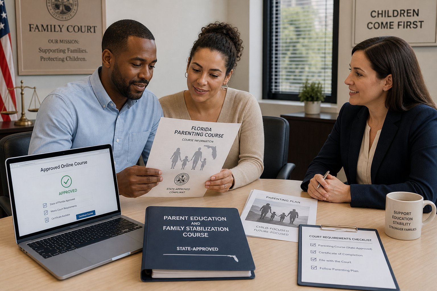 Is the Florida Parenting Class Final Exam Open Book? 1 Parents reviewing Florida parenting course requirements with court guidance.