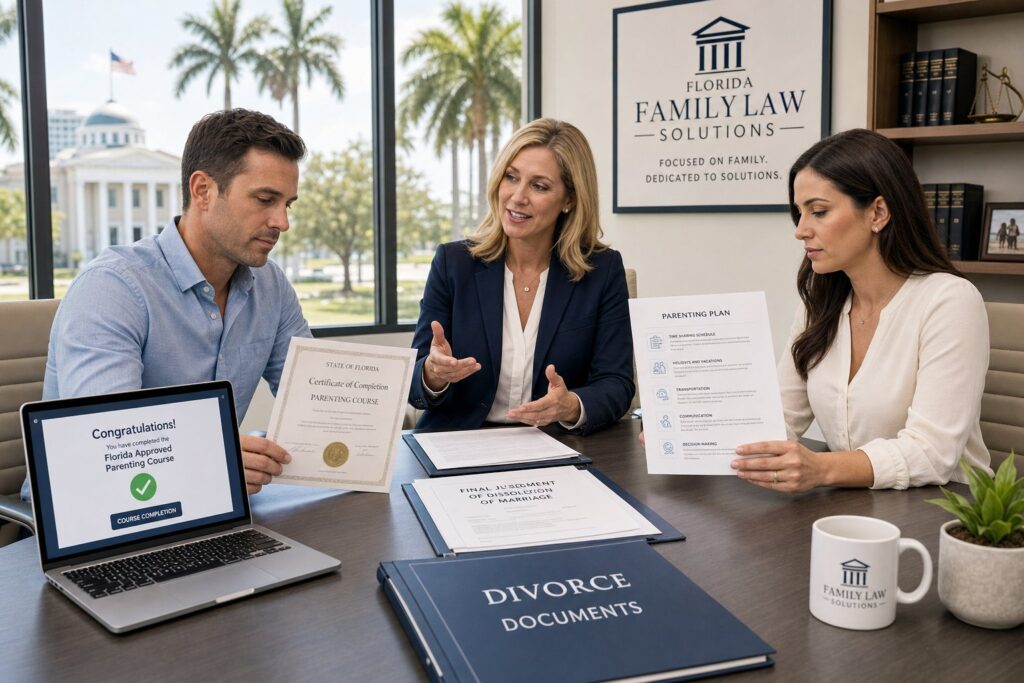 Blog Articles 9 Parents reviewing Florida-approved divorce parenting class requirements on laptops.