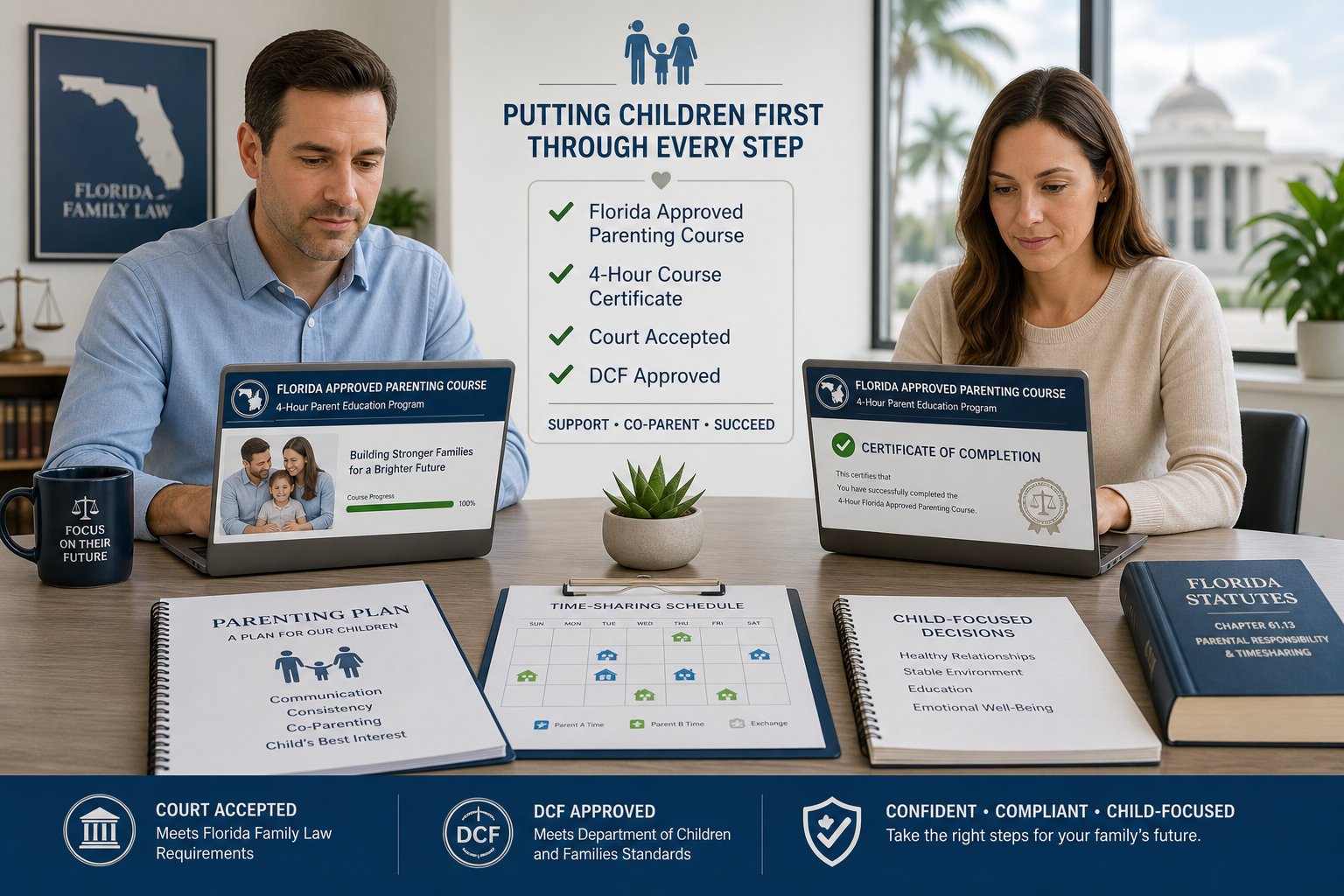 Is the Florida Parenting Class Required for an Uncontested Divorce? 1 Parents reviewing Florida-approved divorce parenting class requirements on laptops.