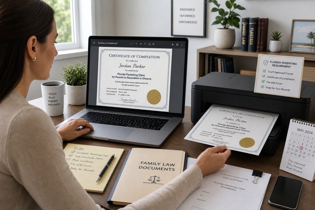 Blog Articles 7 Parents reviewing parenting class certificates in a modern Florida legal office.