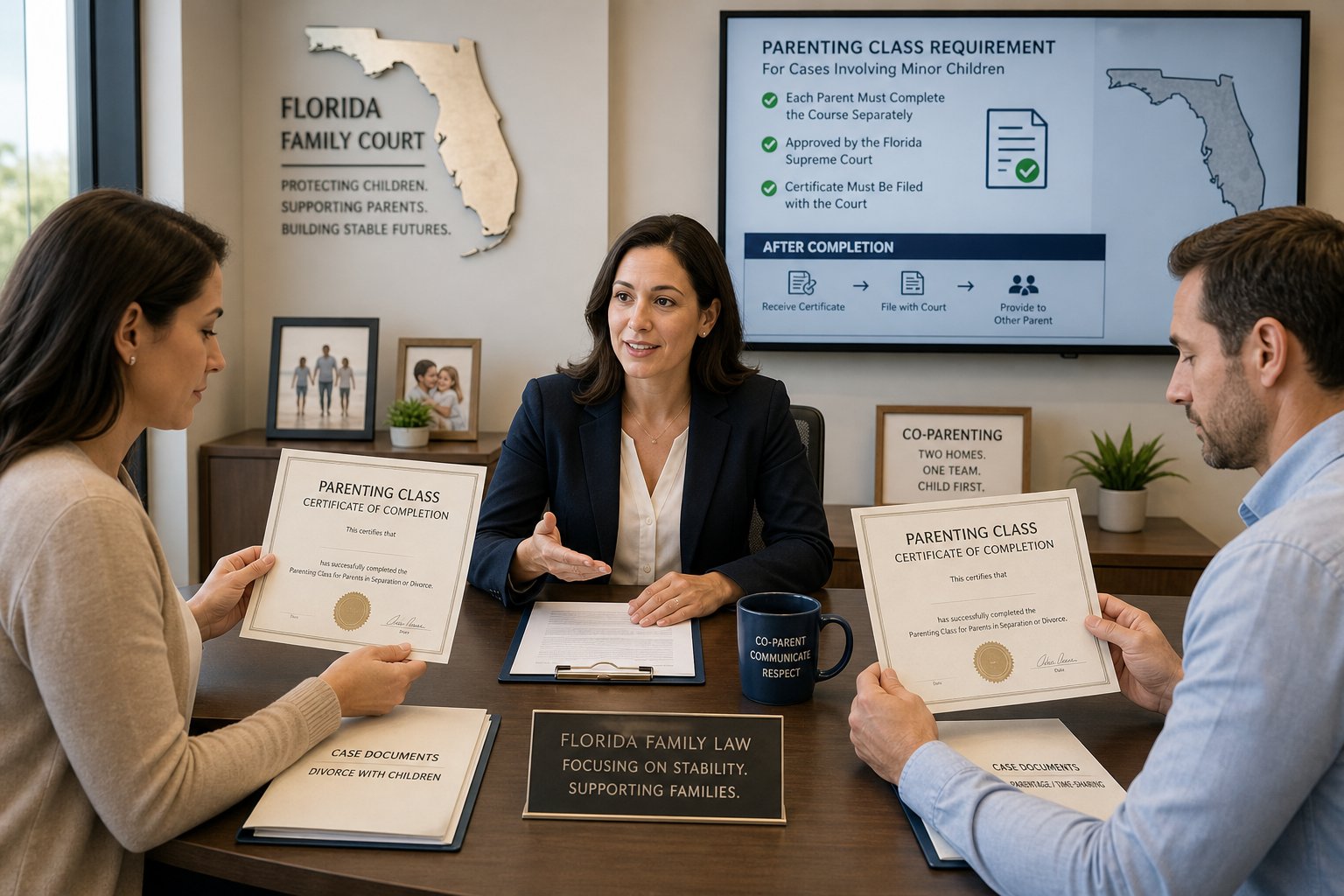 Lost Your Florida Parenting Class Certificate? How to Get Another Copy 1 Parents reviewing parenting class certificates in a modern Florida legal office.