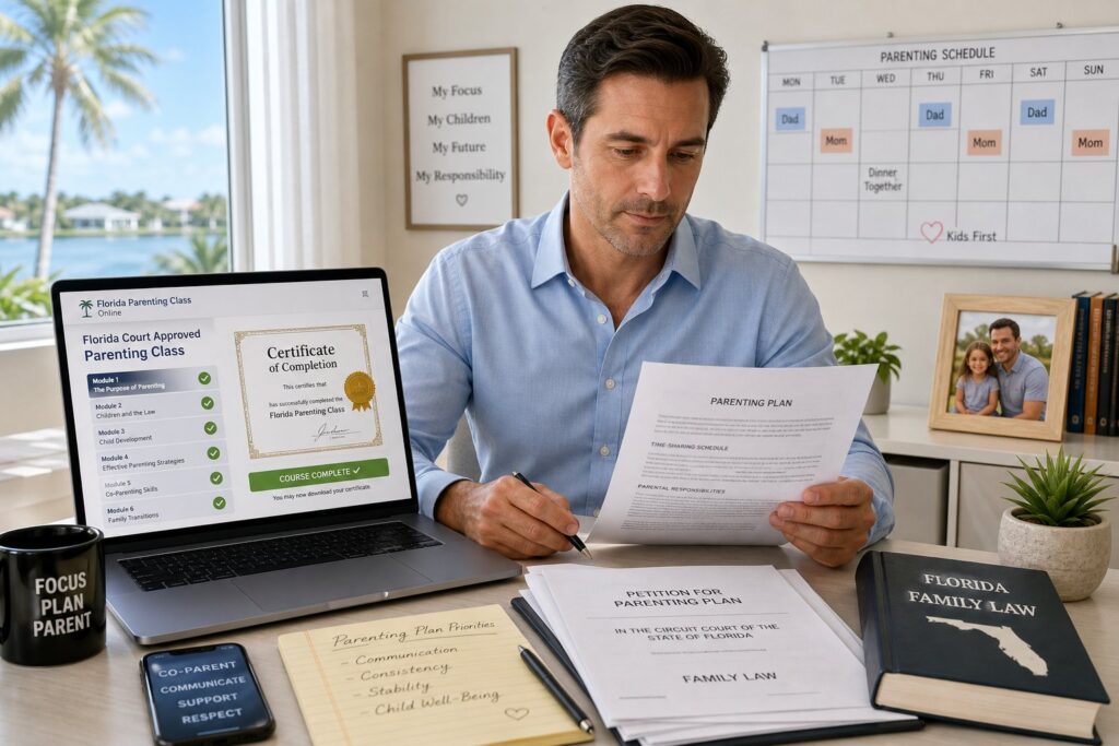 Blog Articles 6 Parents reviewing a Florida parenting course with a counselor in a modern office.