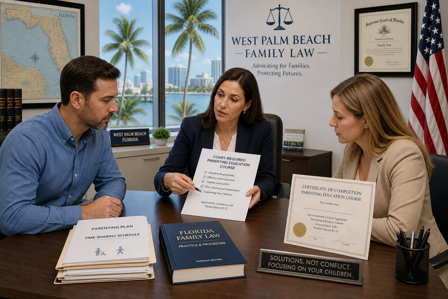 Palm Beach County Parenting Class Guide 1 Parents reviewing court-required parenting class documents with a legal advisor.