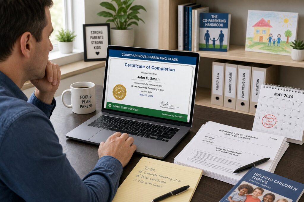 Blog Articles 2 Parents reviewing court-approved parenting class paperwork with a legal professional.