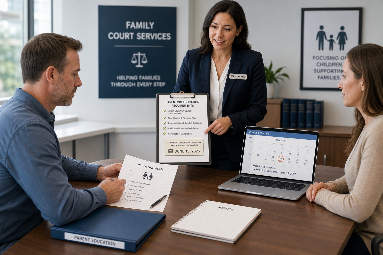 Parenting Classes Approved by Court: Questions to Ask Before You Enroll 1 Parents reviewing court-approved parenting class paperwork with a legal professional.
