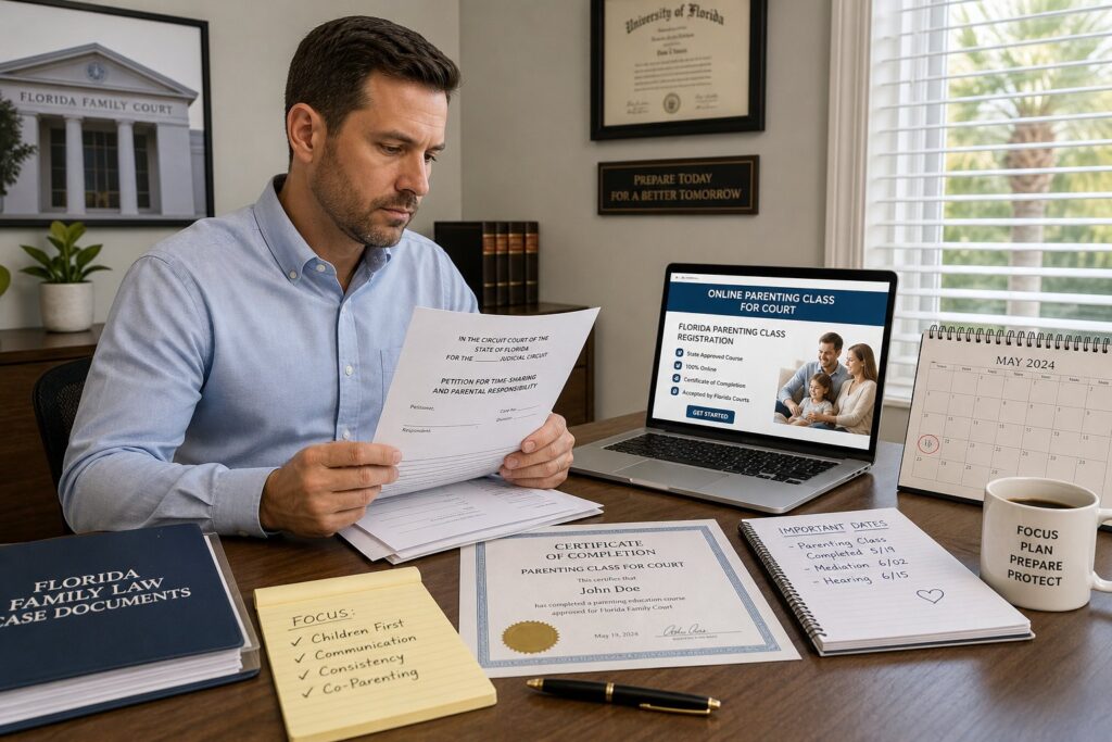 Blog Articles 1 Parents reviewing court-required parenting class documents with a legal advisor.