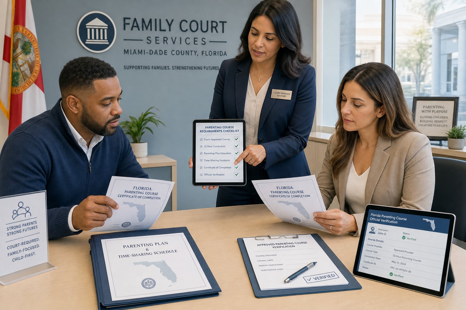 Parenting Classes for Court vs. Voluntary Parenting Classes 1 Parents reviewing court-required parenting class documents with a legal advisor.