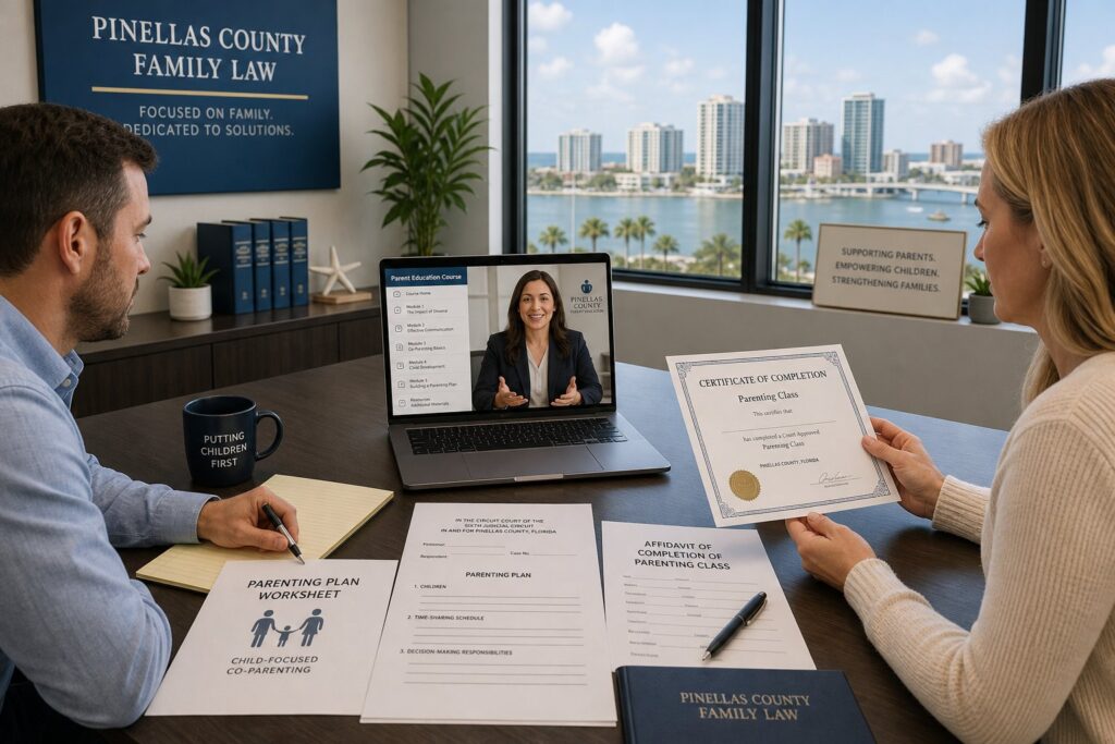 Blog Articles 10 Parents reviewing required parenting class documents in a modern legal office.