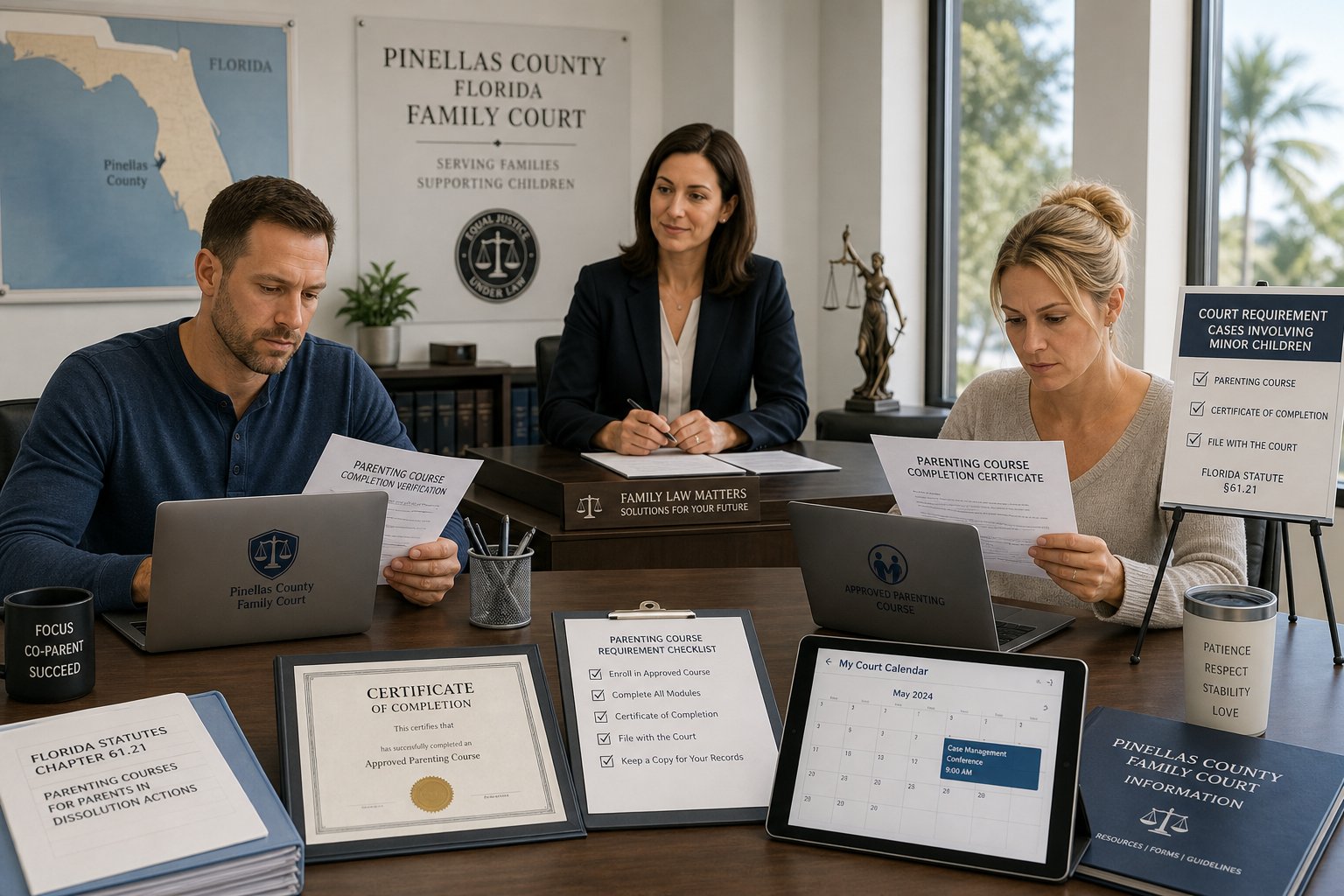 Pinellas County Parenting Class Guide 1 Parents reviewing required parenting class documents in a modern legal office.