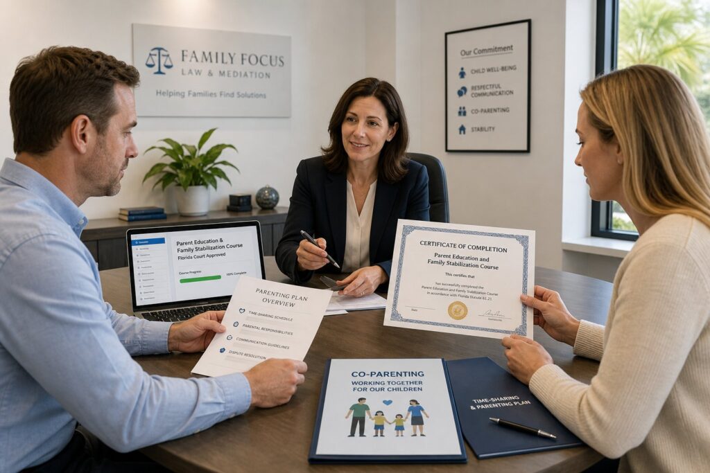 Blog Articles 9 Parents in a modern class reviewing a Florida co-parenting course.