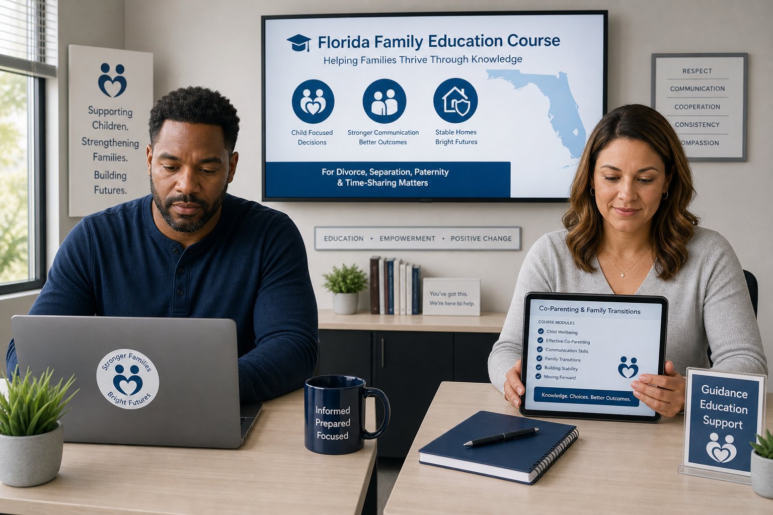 What Does the Florida Parent Education and Family Stabilization Course Cover? 1 Parents in a modern class reviewing a Florida co-parenting course.