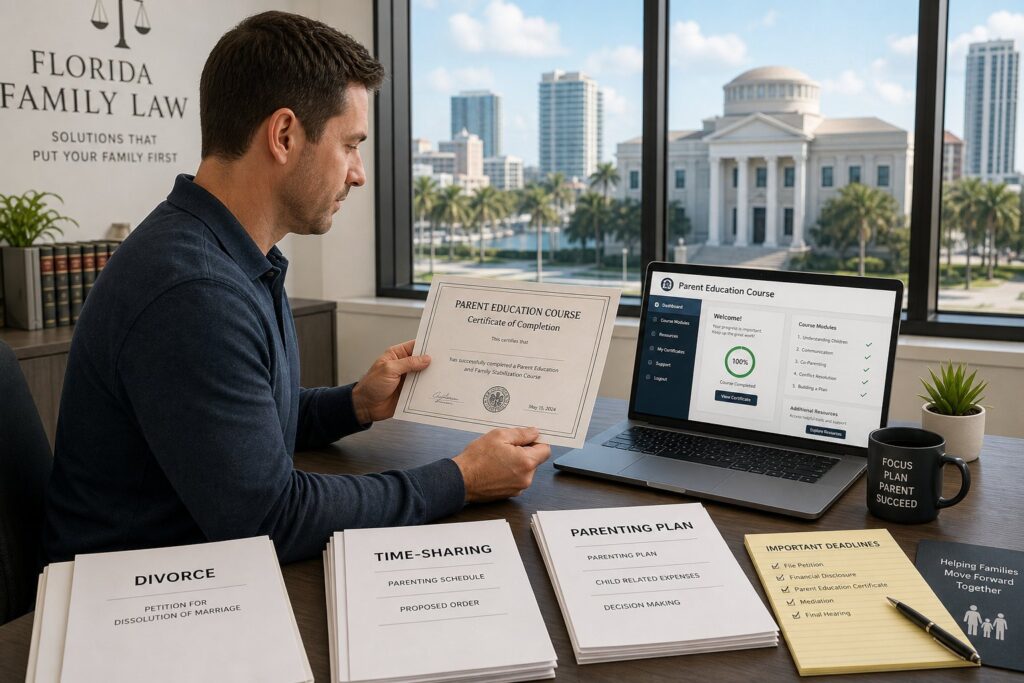 Blog Articles 8 Parents reviewing Florida parenting class and family court documents with an advisor.