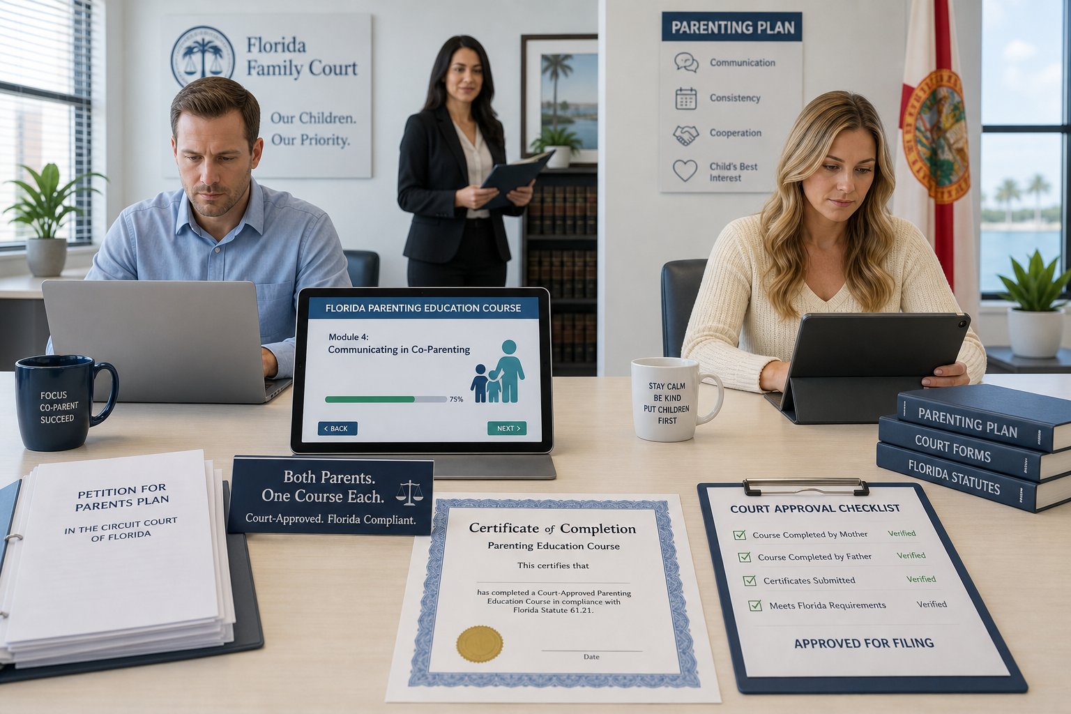 What If the Court Rejects My Parenting Class Certificate? 1 Two parents separately taking a court-approved parenting class in a legal office.