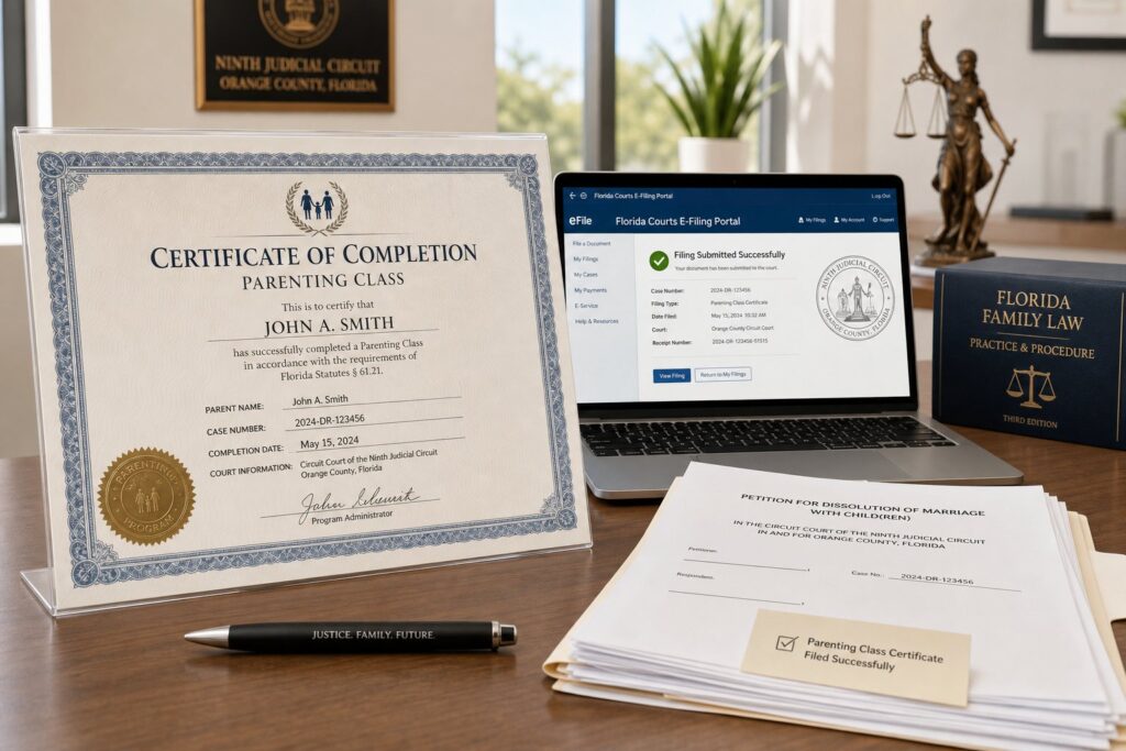 Blog Articles 6 Parent reviewing a parenting class certificate with court filing documents.