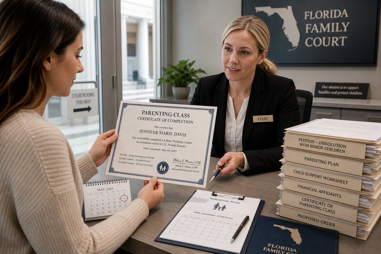 What Information Goes on a Florida Parenting Class Certificate? 1 Parent reviewing a parenting class certificate with court filing documents.