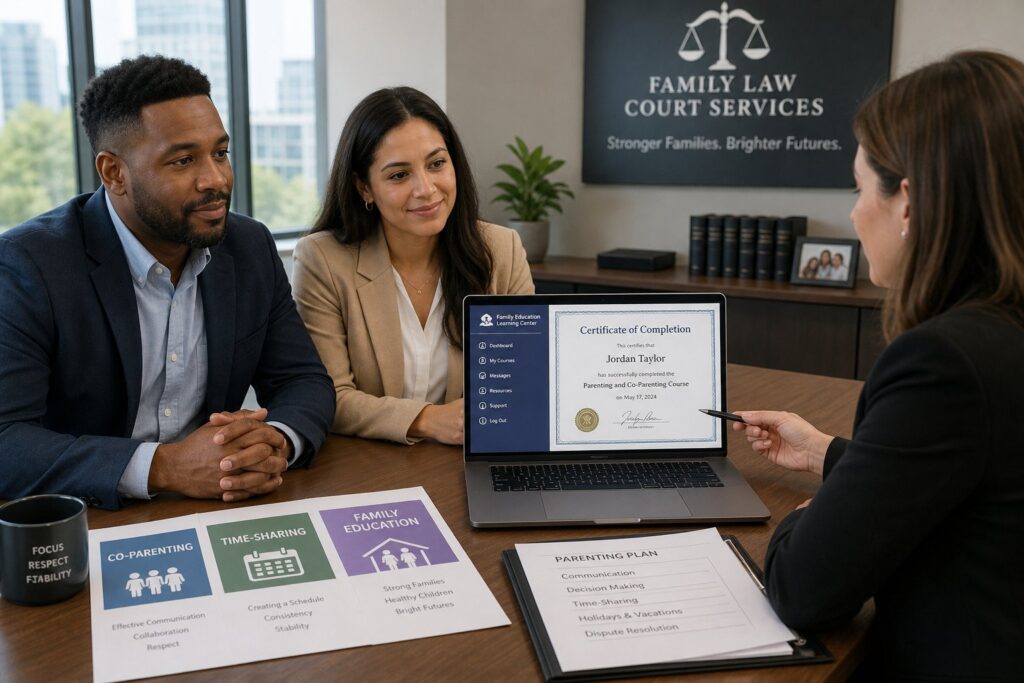 Blog Articles 5 Two parents reviewing family court course paperwork with a legal professional.