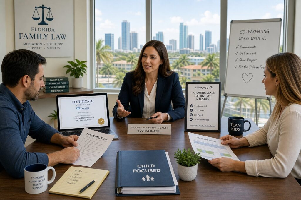 Blog Articles 4 Parents reviewing Florida divorce parenting class documents in a professional office setting.