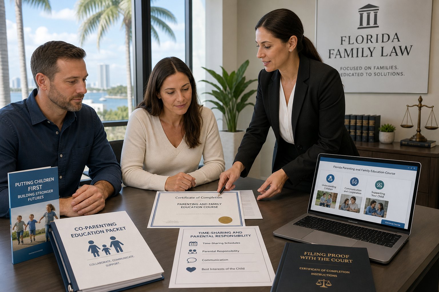 When Should You Take the Florida Parenting Class During Divorce? 1 Parents reviewing Florida divorce parenting class documents in a professional office setting.
