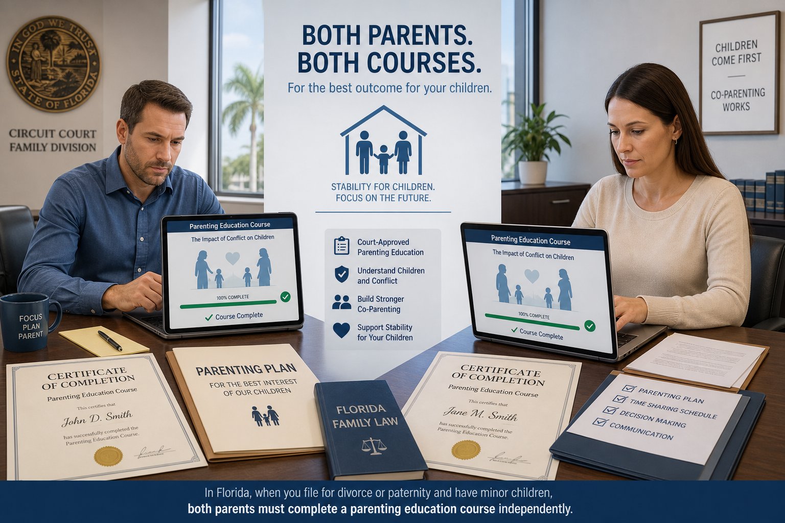 Who Has to Take the Florida Parent Education and Family Stabilization Course? 1 Two parents separately taking a court-required parenting course in a legal office.