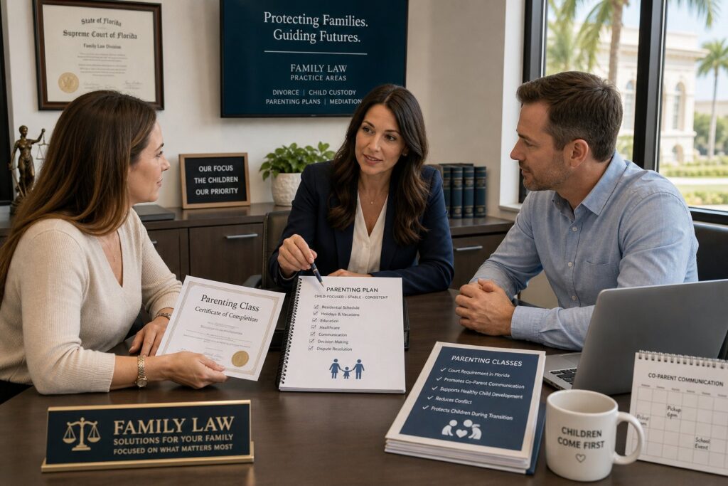 Blog Articles 2 Divorcing parents meeting with a counselor about co-parenting and children’s needs.