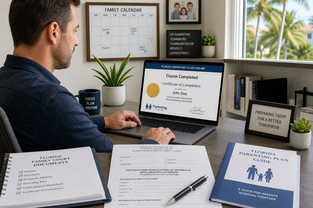 Blog Articles 1 Two parents separately taking an online Florida parenting class on laptops.