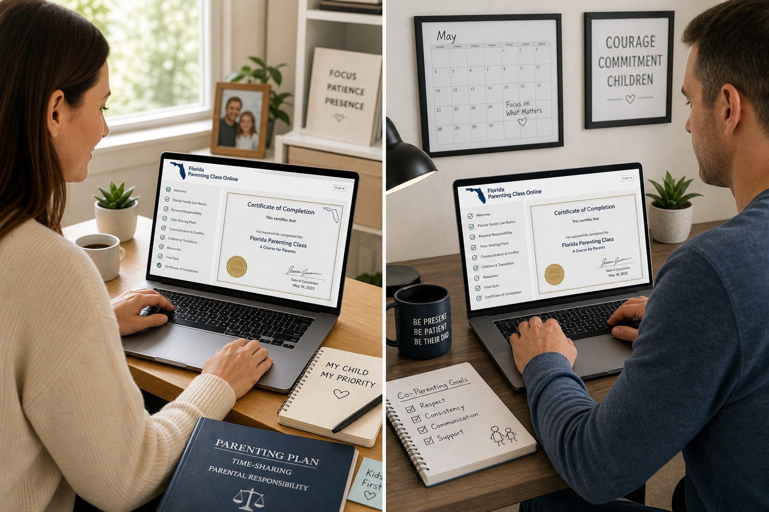 Will a Florida Court Accept an Online Parenting Class Certificate? 1 Two parents separately taking an online Florida parenting class on laptops.